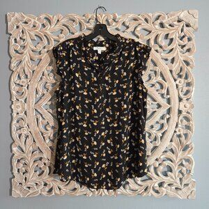 Printed Ruffle Cap-Sleeve Blouse - Black w/ Golden Mustard Floral, Plus Sz US 1X
